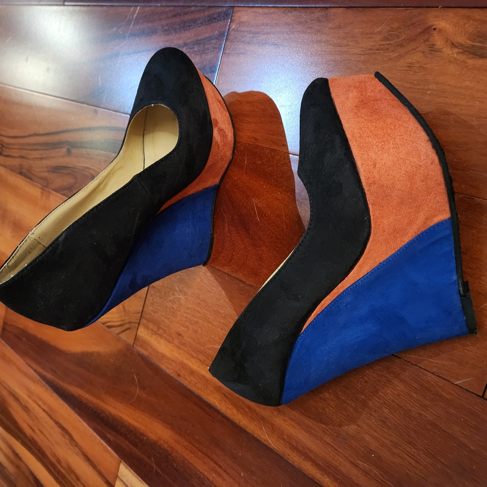 Charlotte Russe Black, Blue and Orange Suede Wedges